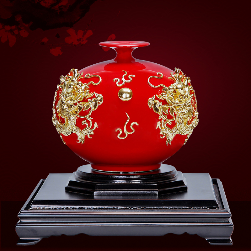 漆线雕陶瓷器摆件中国红花瓶镶金箔家居客厅装饰厦门特色手工艺品