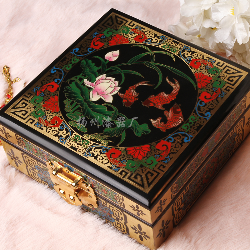 扬州漆器厂扬州漆器厂漆花手工彩绘木质嵌铜丝漆器首饰盒结婚礼物
